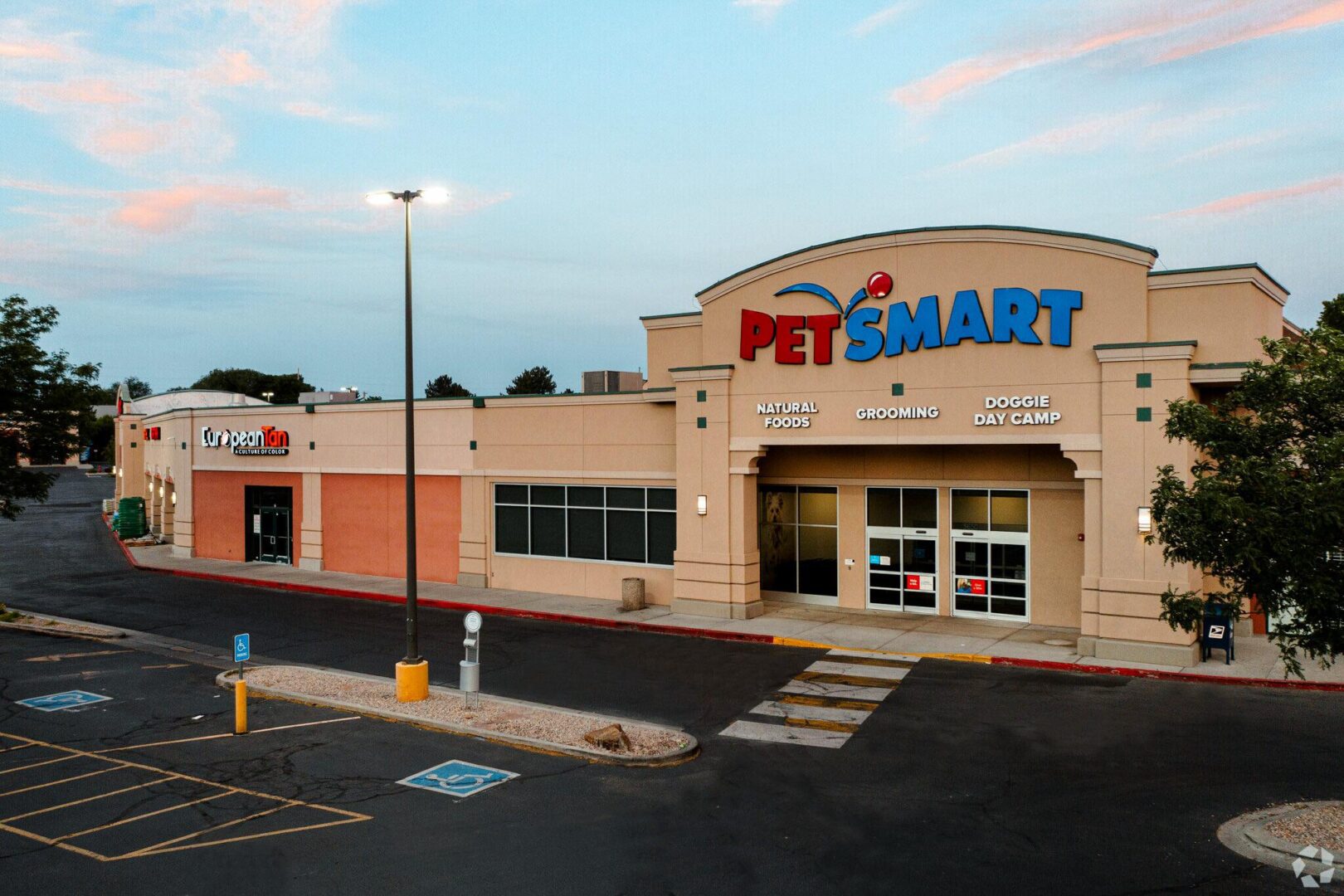 A petsmart store is shown in the evening.