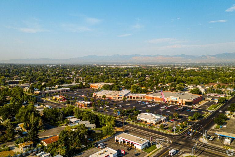 A view of an urban area with many stores.