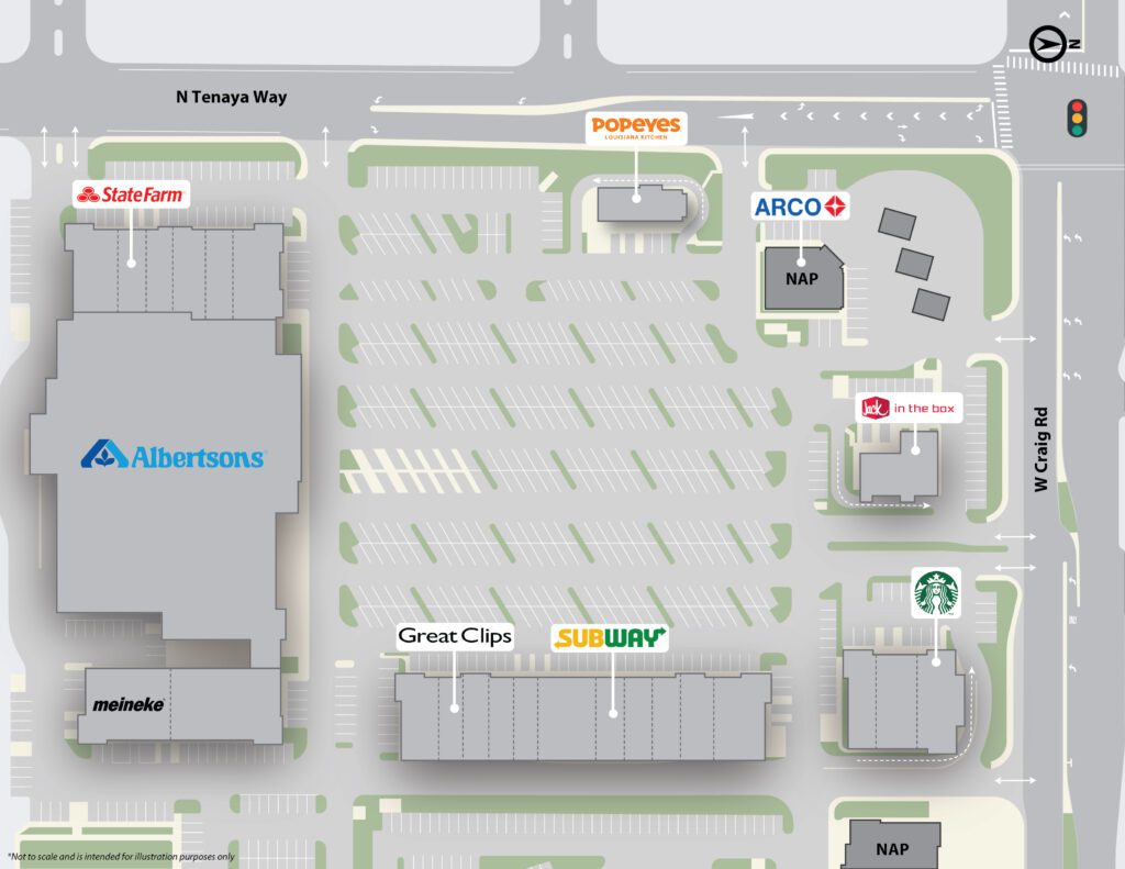 A map of the parking lot for several stores.