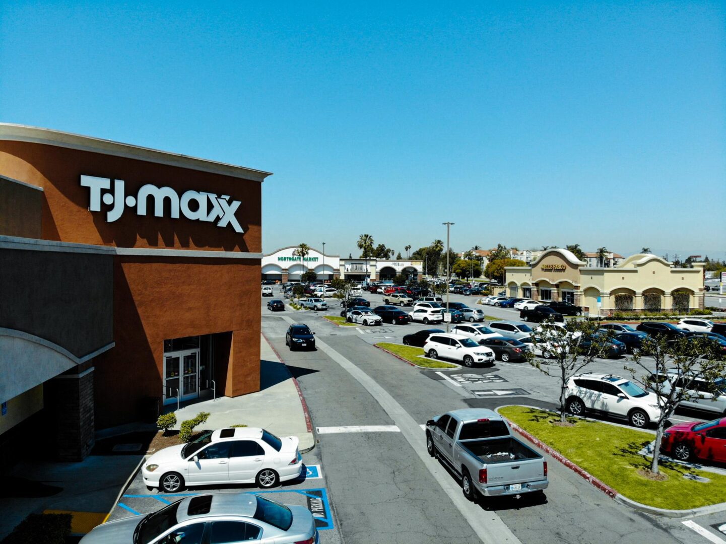 A view of the parking lot at an airport.