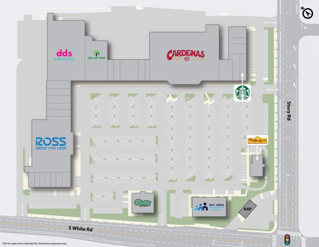 A map of the store location at starbucks, caribou coffee and cross creek mall.